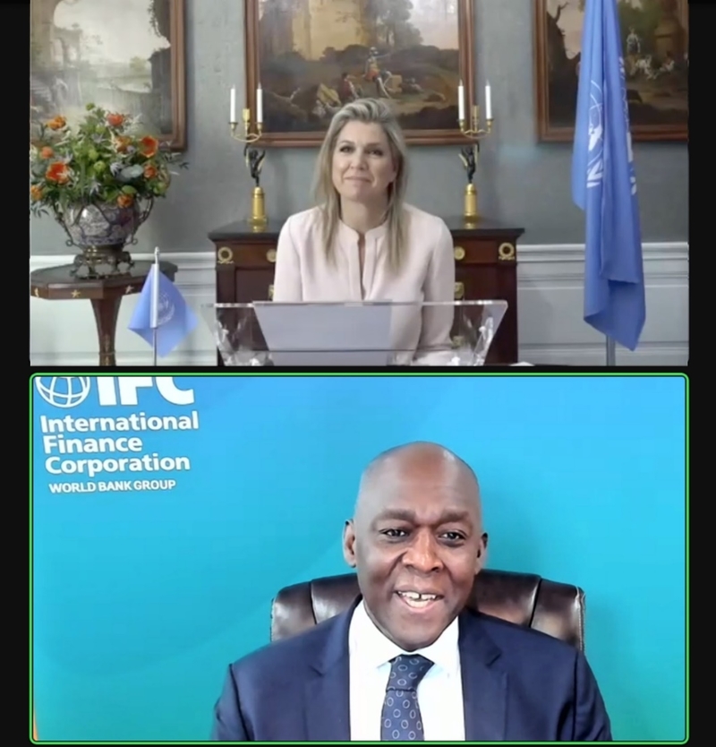 H.M. Queen Máxima of the Netherlands, the United Nations Secretary-General’s Special Advocate for Inclusive Finance for Development (UNSGSA), and IFC’s Managing Director, Makhtar Diop, during the opening of the 7th SBFN Global Meeting
